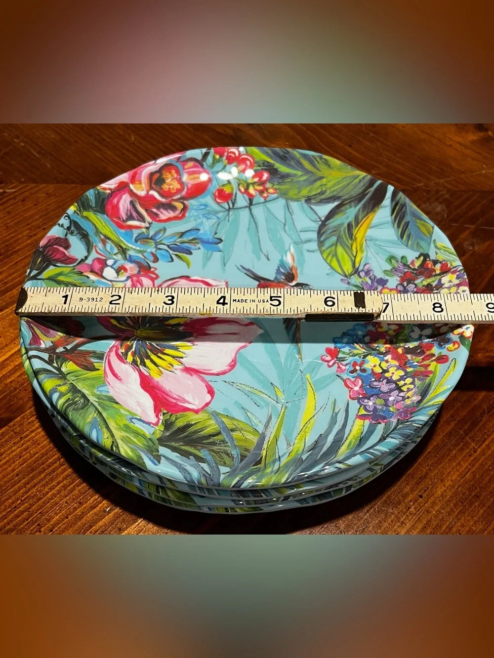 Pier 1 Exclusive Melamine Tropical Hummingbird Floral Plates 8.5 Inch Set of 4